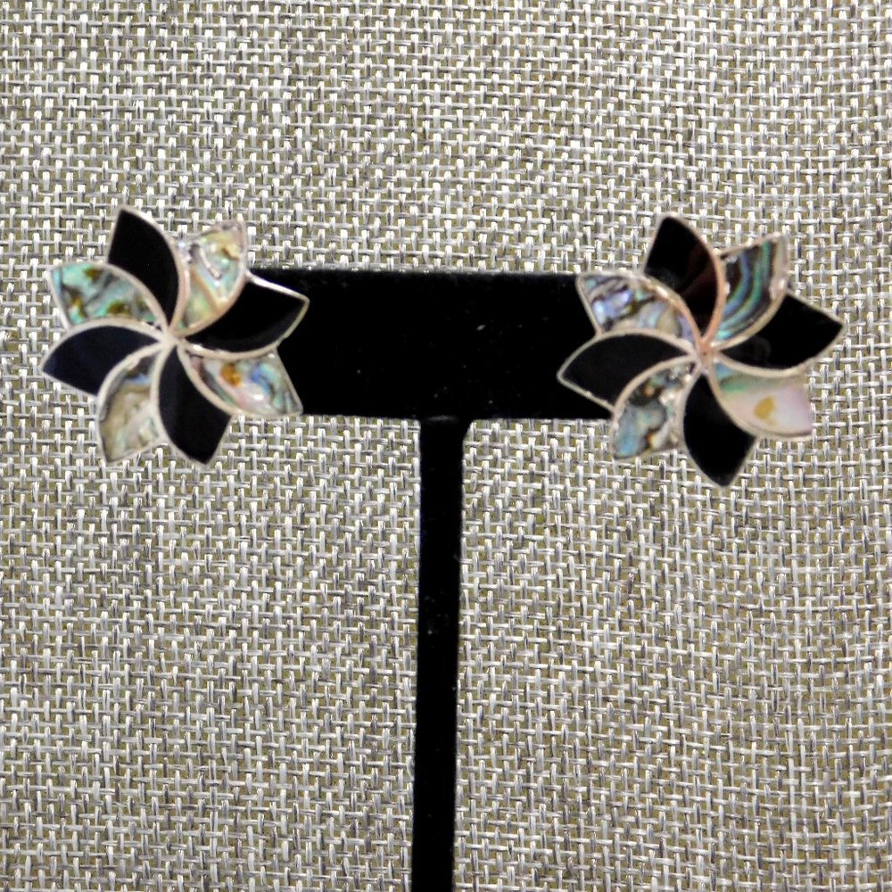 Mexican Earrings 925 Sterling Silver Taxco Abalone Shell Black Enamel Signed